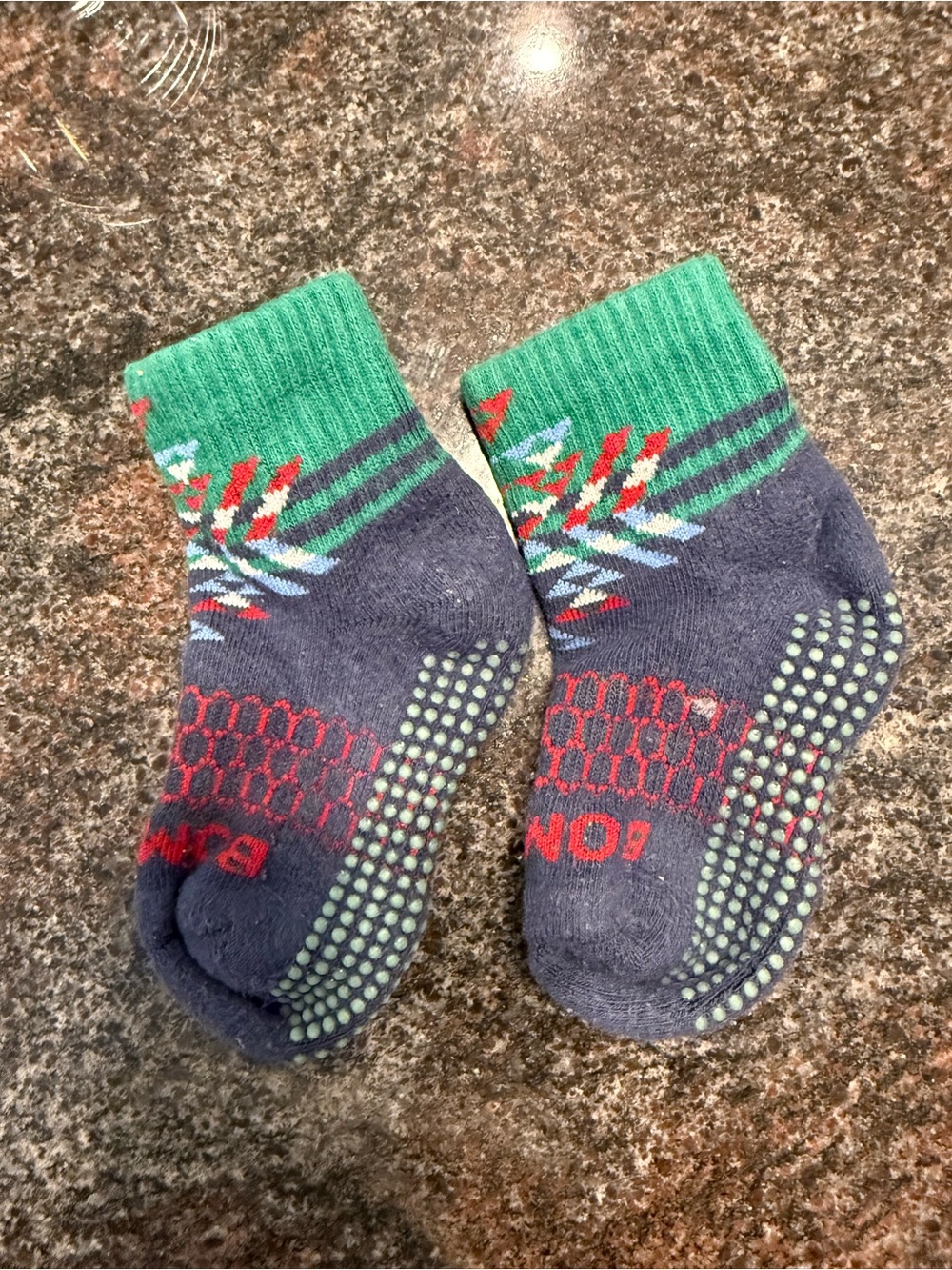 BOMBAS Non-Slip Kids Socks Slippers with Green Cuff and Navy Body ages 1-3
